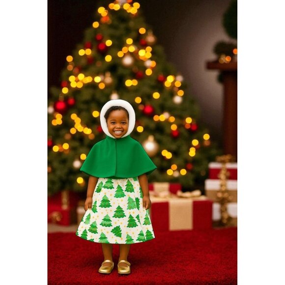 Toddler Girls Christmas Tree Sundress With Green Winter Cape Set Size 4T - Picture 2 of 9